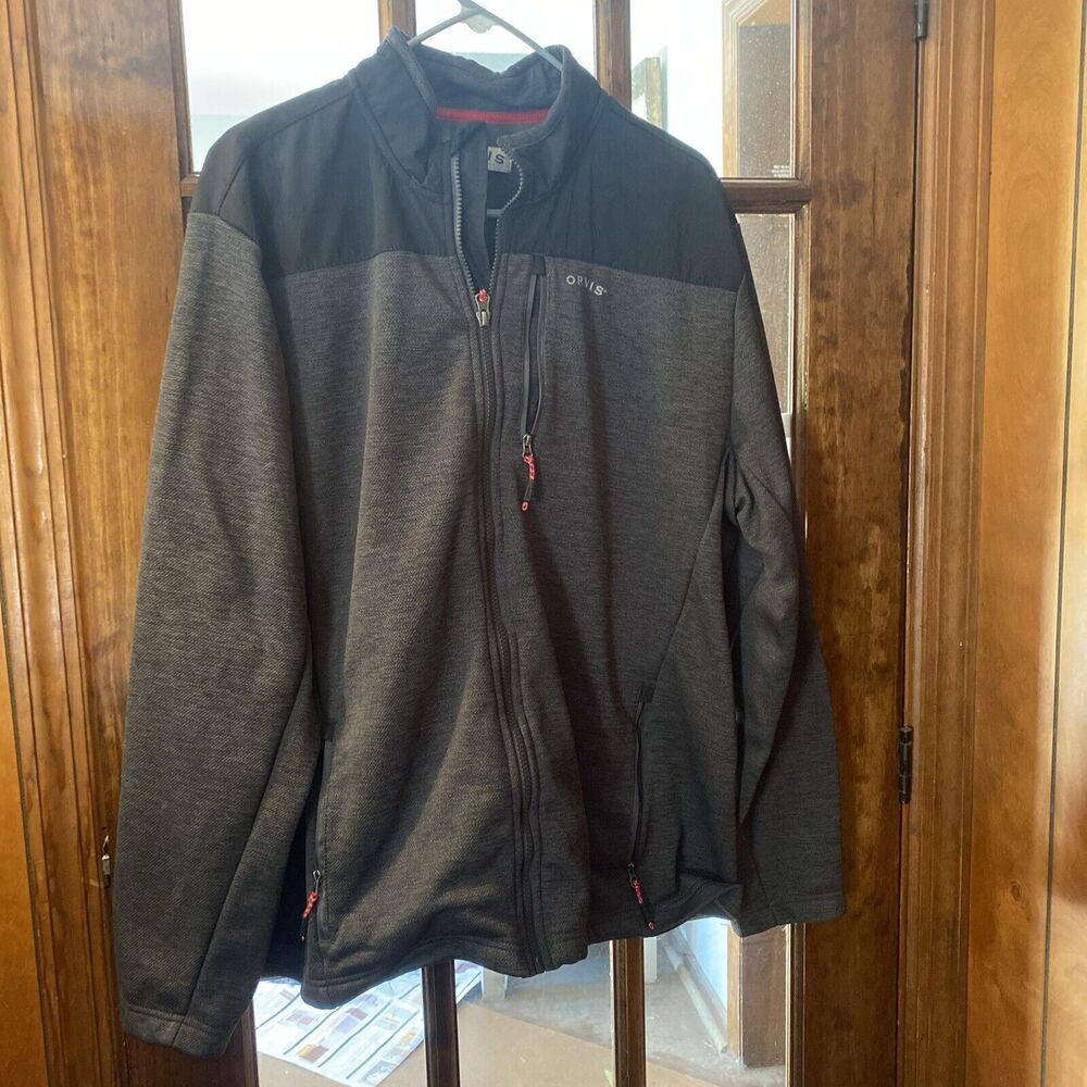 Orvis Gray Black Bonded Lightweight Mesh Fleece Full Zip Jack Size XL